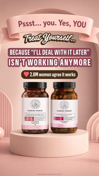 This image ad for Happy Mammoth's Hormone Harmony and Hormone Harmony Plus, features two supplement bottles on a pod