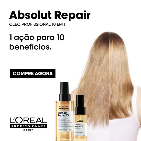 An advertisement for L'Oréal Professionnel Absolut Repair Oil. The ad features an image split in two, showing the be