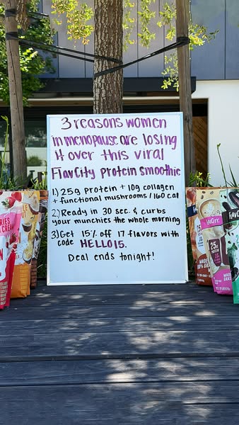 This ad promotes FlavCity protein smoothies, highlighting their benefits for women in menopause. It lists three reasons 