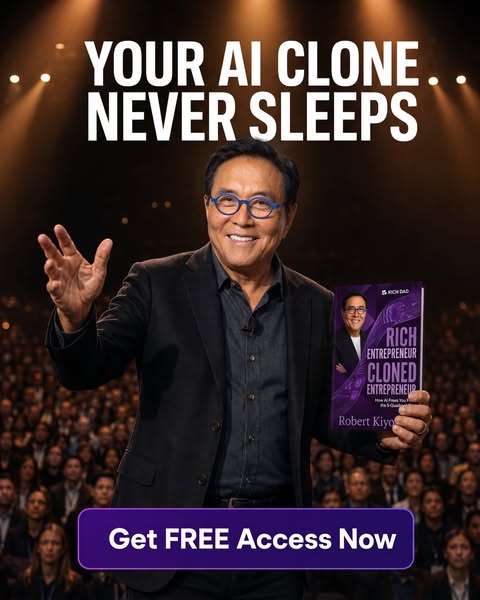 This ad features Robert Kiyosaki holding his book, "Rich Entrepreneur Cloned Entrepreneur." The ad invites vie