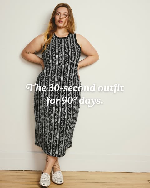 An image promoting a black-and-white patterned dress as a quick and easy outfit for hot weather.