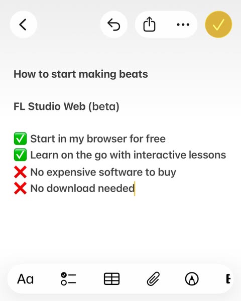 The ad is a screenshot of a phone note that lists reasons to use FL Studio Web (beta).