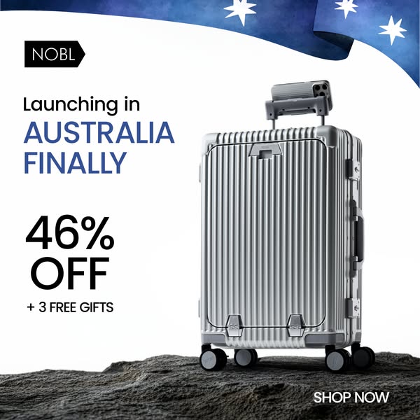 This is an image ad promoting NOBL luggage. The ad announces the brand's launch in Australia and offers a 46% discou