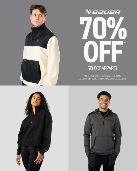 This image ad for Bauer promotes a sale on select apparel. It features three models wearing different articles of Bauer 