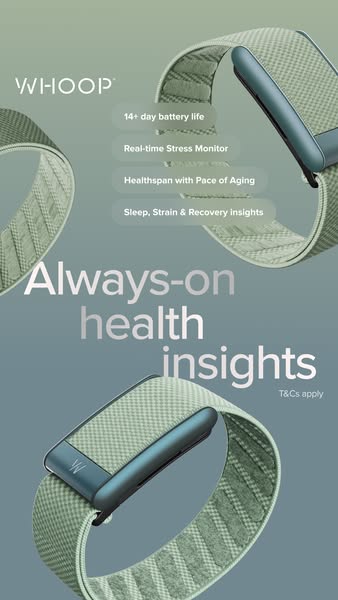 This ad showcases the WHOOP fitness tracker's health insights. It focuses on features like battery life, stress moni