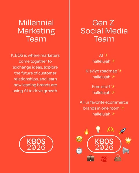 This image ad contrasts the approaches of Millennial and Gen Z marketing teams. The Millennial side focuses on tradition