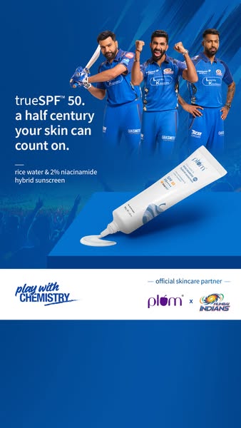 This ad for Plum skincare features three cricket players in uniform and promotes the brand's new trueSPF 50 sunscree