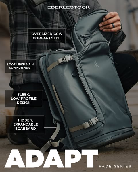 This ad showcases the ADAPT Fade Series backpack by Eberlestock, highlighting its key features such as an oversized CCW 
