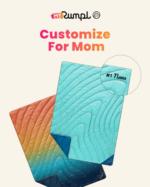 This ad promotes Rumpl blankets as a customizable gift, highlighting the option to personalize them for Mother's Day
