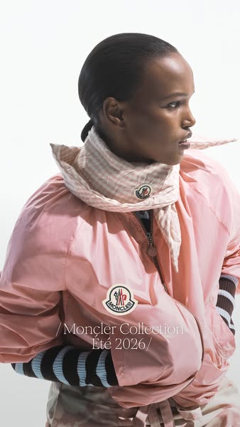 This ad promotes the Moncler Collection Été 2026, featuring a model wearing a light pink jacket and a pink and white str