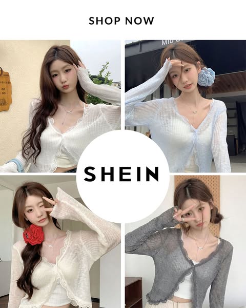 This ad features a collage of four images showcasing a woman wearing a long-sleeved, button-up top made of sheer, textur