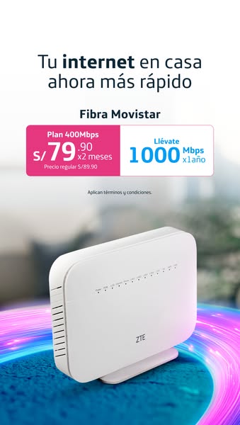 This image ad promotes Movistar fiber internet. It highlights the fast internet speed and includes an offer of S/79.90 x
