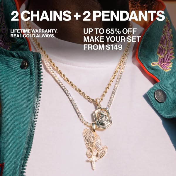 An image ad showcasing two chains and pendants, offering up to 65% off and the ability to create a custom set from $149,