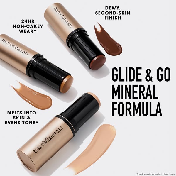 This ad focuses on the Bare Minerals Glide & Go Mineral Foundation stick, highlighting its long-wearing, non-cakey f