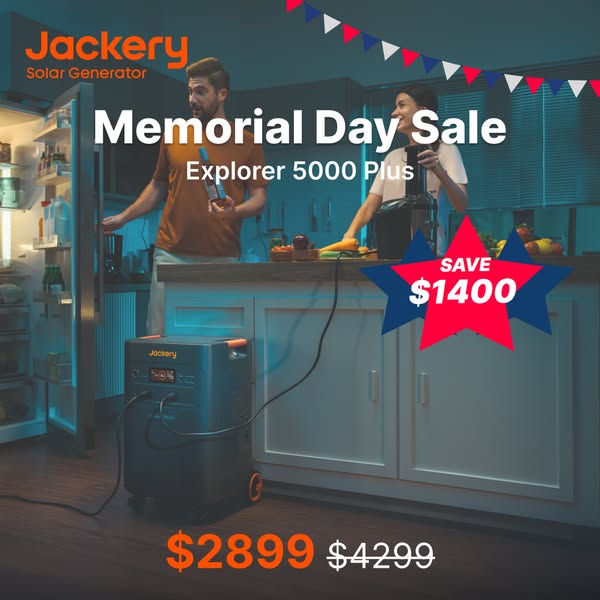 This ad promotes a Jackery Explorer 5000 Plus solar generator during a Memorial Day Sale. It features a couple using the