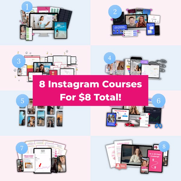 A promotional image showcases eight Instagram courses available for a total of $8. The image is divided into eight secti