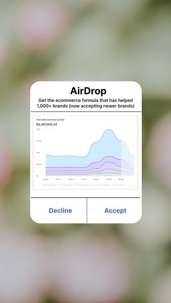 This ad shows a simulated AirDrop notification on a phone, offering an e-commerce growth formula. Accepting the AirDrop 