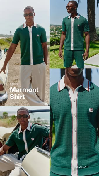 This image ad shows different views of the new Marmont shirt by Mauvais. It features a male model wearing the shirt whil