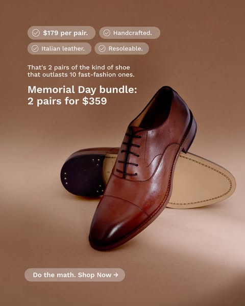 Image ad highlighting a Memorial Day bundle offer for a pair of handcrafted Italian leather shoes. The shoes are positio