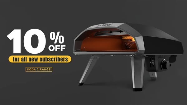 This ad promotes Ooni's Koda 2 range pizza oven with a 10% discount for new subscribers.