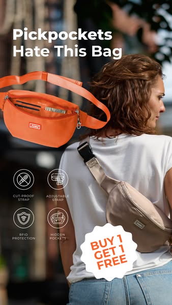 The ad features an anti-theft bag designed to prevent pickpockets. It highlights the bag's cut-proof strap, adjustab
