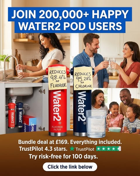 This image ad promotes Water2 Pods, showcasing their ability to filter fluoride and chlorine from water. It emphasizes t