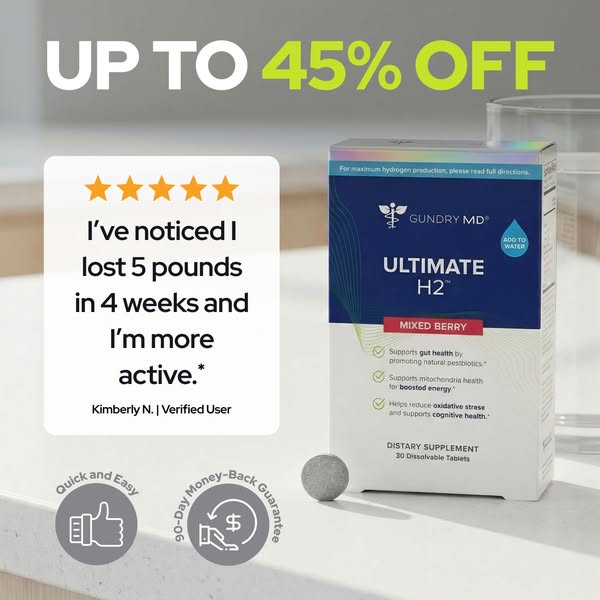 Ad for Gundry MD Ultimate H2 dissolvable tablets with text overlay, testimonial, and product detail callouts.