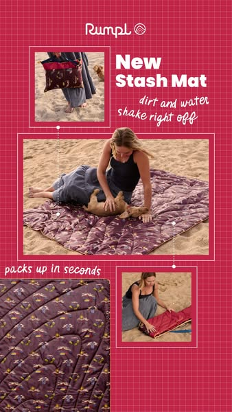 The Rumpl ad demonstrates how the Stash Mat can be used at the beach. In the first scene, the mat is being carried like 