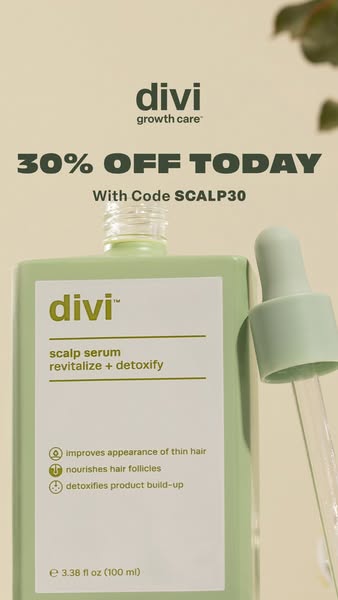 This ad is designed to promote Divi's scalp serum by offering 30% off with a coupon code.