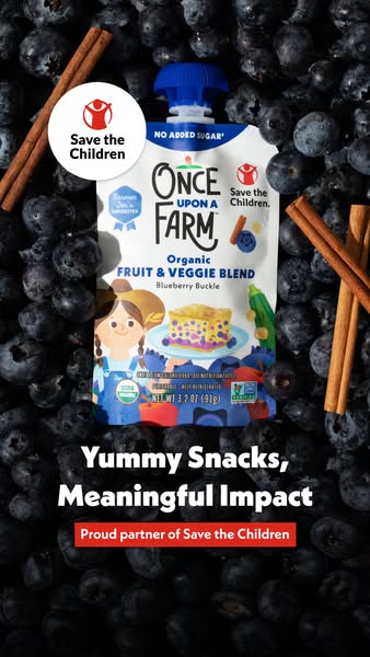 This ad features a single pouch of Once Upon a Farm organic fruit and veggie blend in Blueberry Buckle flavor, positione