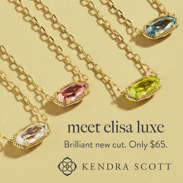 This image ad showcases the Kendra Scott Elisa Luxe necklace in different colors. The ad emphasizes the 'brilliant n