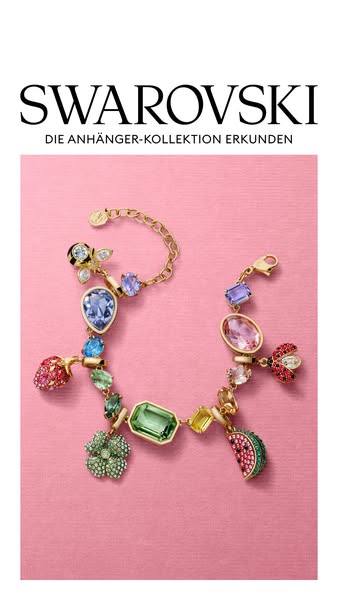 This ad showcases a colorful charm bracelet by Swarovski against a pink background. It promotes the brand and aims to dr
