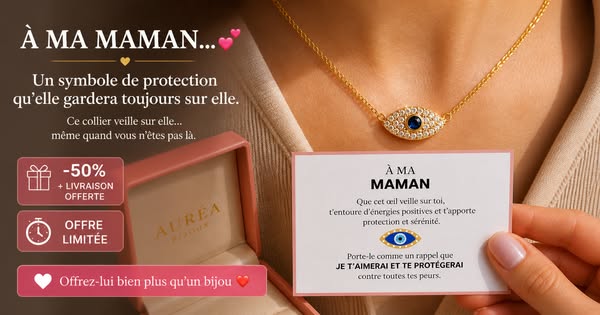 This image ad promotes AUREA jewelry, specifically an "evil eye" necklace, as a symbol of protection and a mea