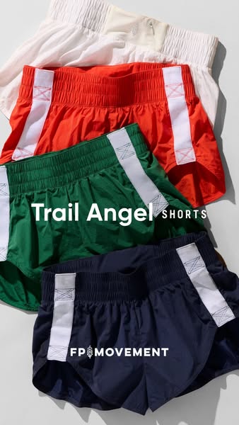 This ad showcases four different color variations of the Trail Angel Shorts from FP Movement, arranged in a stack and an