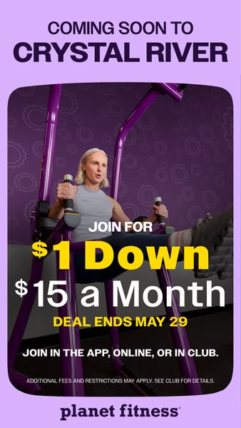 This image ad promotes a Planet Fitness membership at the new Crystal River location, offering a limited-time deal of $1