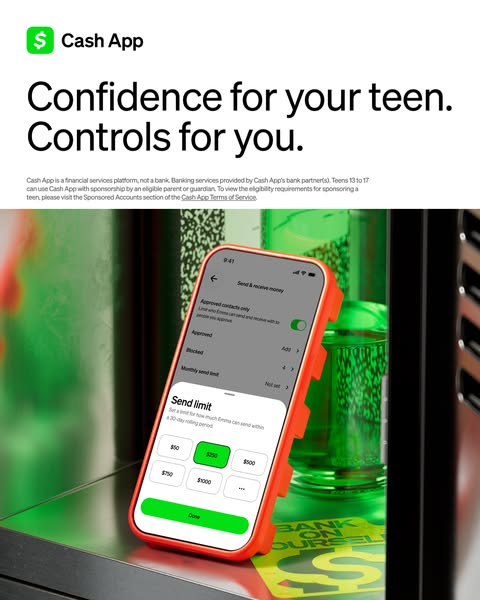Ad for Cash App promoting the feature that allows parents to manage their teen's spending. The ad shows an iPhone di