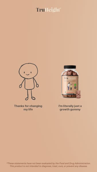 This image ad for TruHeight features a cartoon drawing of a person next to a bottle of TruHeight growth gummies. The car