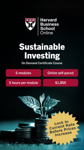 This image ad promotes a Sustainable Investing certificate course from Harvard Business School Online. The ad highlights