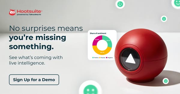 This ad is promoting Hootsuite's live intelligence feature, which helps to eliminate surprises. The ad features a ma