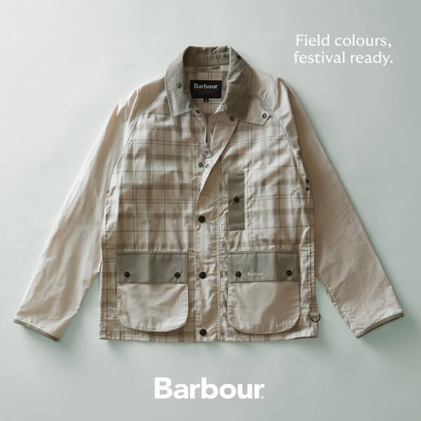 This image ad showcases a Barbour jacket in a studio setting, highlighting its field colors and festival-ready style.