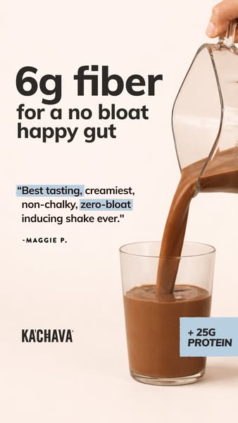 This ad promotes Ka'Chava, highlighting its high fiber and protein content for a happy gut. A customer testimonial i
