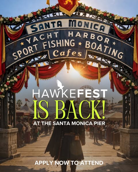 This image ad is an announcement that Hawkefest is back at the Santa Monica Pier, and prompts viewers to apply to attend