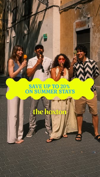 This image ad for The Hoxton Hotels features a group of friends enjoying ice cream in a European city, promoting a summe