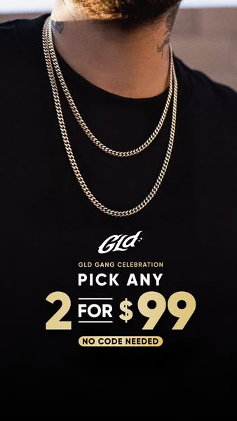 This image ad promotes Gld jewelry, specifically offering a deal to pick any two items for $99. The ad features a close-