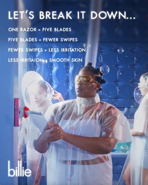 This image ad breaks down the benefits of using Billie razors, focusing on smooth skin with less irritation by highlight