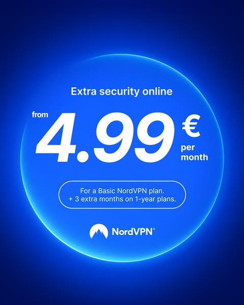 Ad promoting the NordVPN service and highlighting a limited time offer of basic service for 4.99 euros per month plus 3 