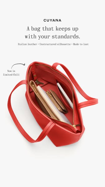 This ad showcases a red Cuyana tote bag, highlighting its Italian leather construction, unstructured silhouette, and dur