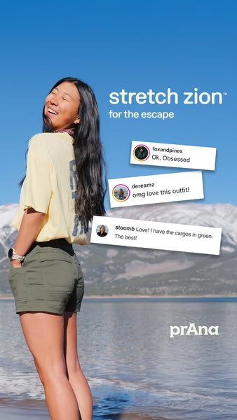 This Meta image ad for prAna's Stretch Zion line showcases a woman outdoors in the company's shorts. The ad incl