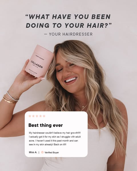 This image ad for Naked Harvest Collagen features a testimonial from a customer named Miss A., who raves about the produ