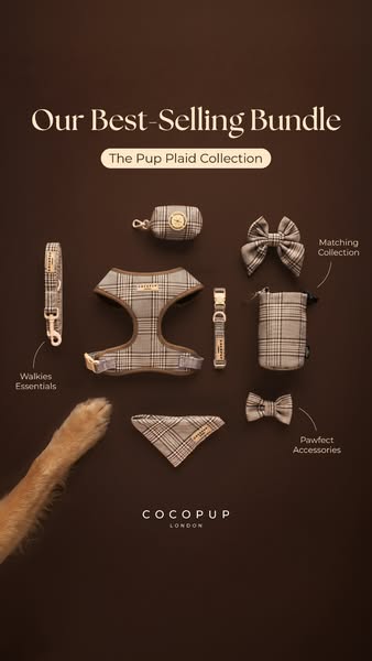 This is a product image showcasing Cocopup London's Pup Plaid Collection, including a leash, harness, waste bag hold
